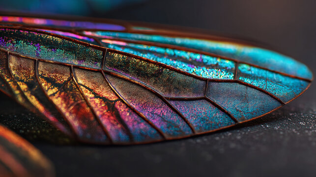 A close-up view of an iridescent insect wing shimmering with vibrant colors