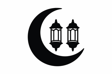 Obraz premium Crescent Moon with Lantern Inside Silhouette Vector Illustration, Islamic Ramadan Decoration Isolated on White Background