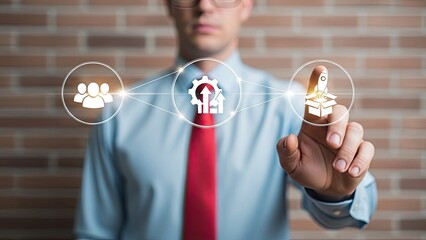 Businessman interacting with innovative technology icons on virtual interface