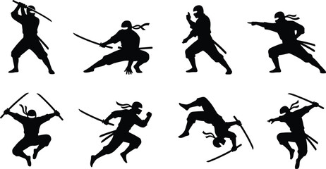 Ninja warrior silhouettes in dynamic martial arts combat poses with swords, showcasing stealth, agility, strength, traditional fighting techniques, and dramatic action movement concept © Mst
