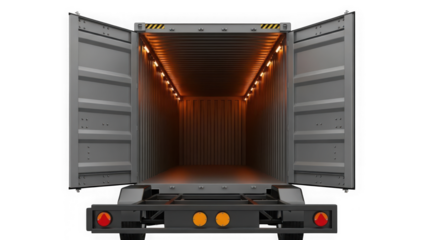 Rear view of open gray shipping container on transparent background isolated
