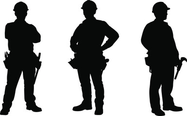 Professional construction worker silhouette set, male builders in hard hats for industrial and repair service design