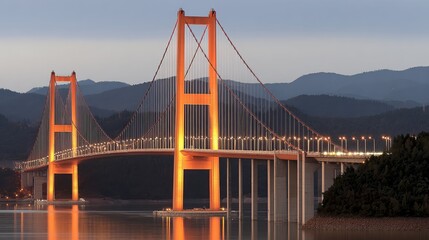 Fototapeta premium A stunning night view of a cable-stayed bridge illuminated against a backdrop of mountains and water, showcasing architectural beauty and tranquility, Ideal for travel, engineering
