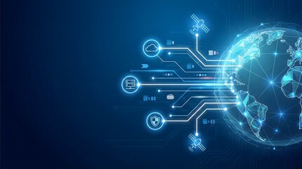 Futuristic global digital network,glowing blue earth with connected satellite,data transfer and cloud computing technology illustration