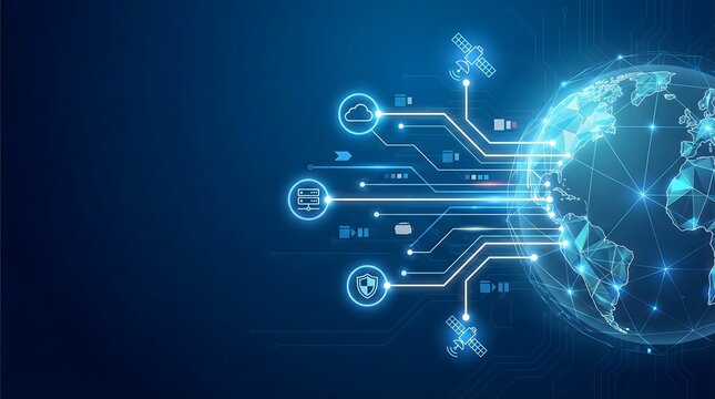Futuristic global digital network,glowing blue earth with connected satellite,data transfer and cloud computing technology illustration - Powered by Adobe