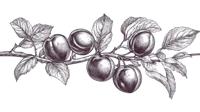 Plum branch illustration on transparent background - Powered by Adobe