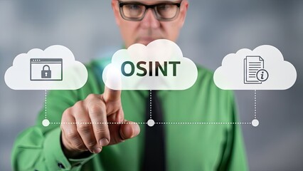 Businessman interacting with OSINT cloud interface for data analysis
