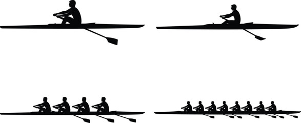 Rowing athletes silhouettes in single, double, quad, and team boats, illustrating teamwork, endurance, water sport training, competitive racing, and synchronized rowing movement concept © Mst