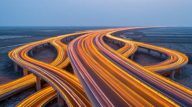A dynamic aerial view of a winding highway illuminated by car lights at dusk, showcasing modern infrastructure, Ideal for transportation, urban planning, or technology-related themes,