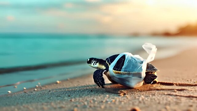 A closeup shot of a turtle on a sandy beach with a plastic bag on its back. The turtle is black and white with a patterned shell and flippers.