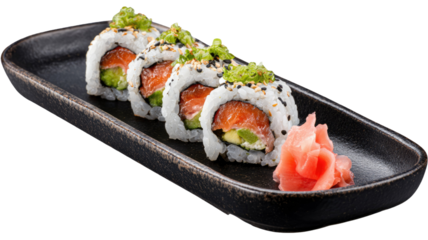 A delicious gourmet salmon sushi roll appetizer served with rice and raw seafood on a plate with chopsticks for a healthy Japanese dinner