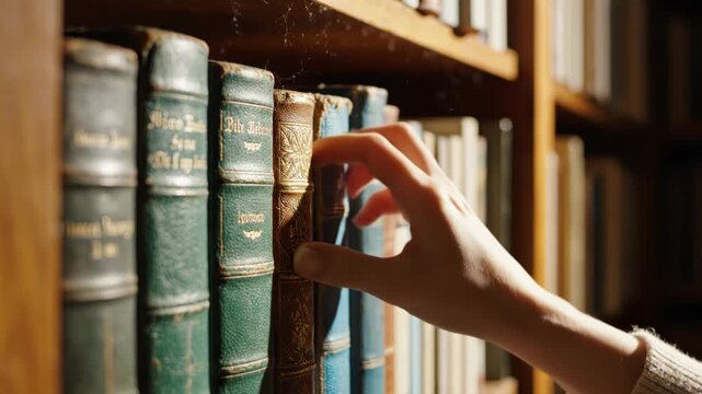 A persons hand reaching for a book on a wooden bookshelf with multiple old books