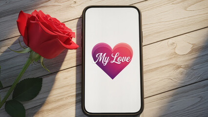 Smartphone displaying "My Love" message with rose, perfect for Valentine's Day, romantic greetings, and social media