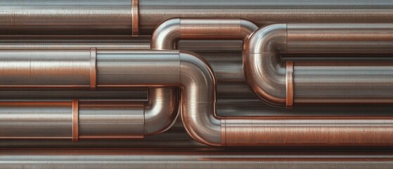 Obraz premium Abstract Background Featuring Complex Machinery Textures in Metallic Shades with Intricate Pipe Connections for Creative Design Applications