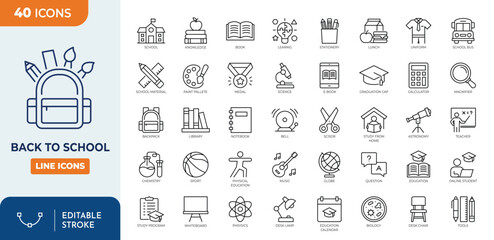 Back to school line editable icon set. Contain icons related to school, education, learning, studying, and more. Editable stroke. Vector illustration
