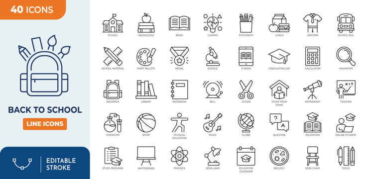 Back to school line editable icon set. Contain icons related to school, education, learning, studying, and more. Editable stroke. Vector illustration