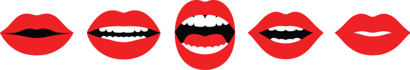 A series of expressive red mouth shapes presented as a striking silhouette