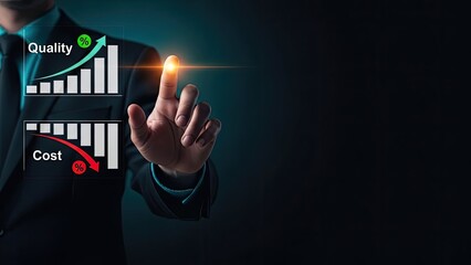 Businessman optimizing quality and cost efficiency with interactive graph