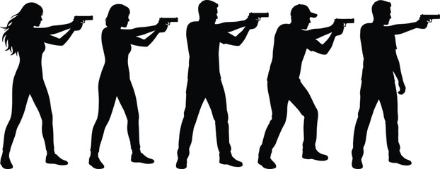 Armed people silhouettes aiming handguns in tactical stances, illustrating security, defense, law enforcement training, danger awareness, action, and realistic shooting posture concept © Mst