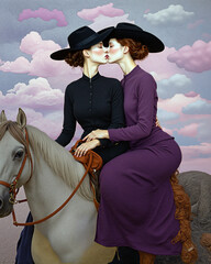 Two Women in Love Riding a Horse at Sunset