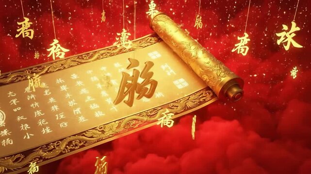 Golden Chinese calligraphy scroll on red festive background with glowing characters.