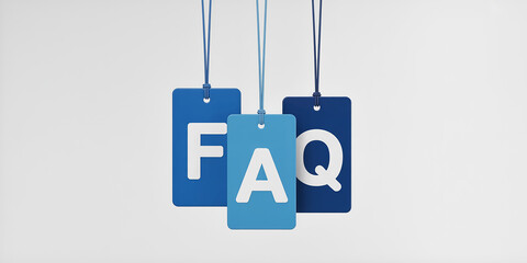 Three blue hanging tags with letters FAQ on a light gray background frequently asked questions