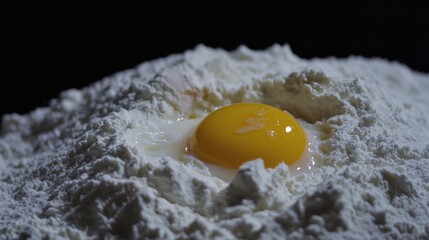 A single egg yolk in a pile of flour.