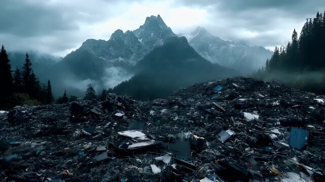 Electronic waste. Environment ecosystem pollution. Recycling. Aerial view of a mountainous landscape with a pile of electronic waste, including old televisions and other miscellaneous items.