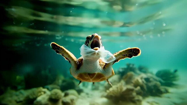 Aerial view of a sea turtle swimming underwater with a plastic bag floating on its back. The turtles mouth is open, revealing its teeth, and it appears to be in motion.