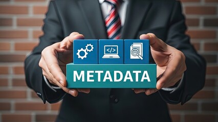 Businessman presenting metadata concept with blocks in hands