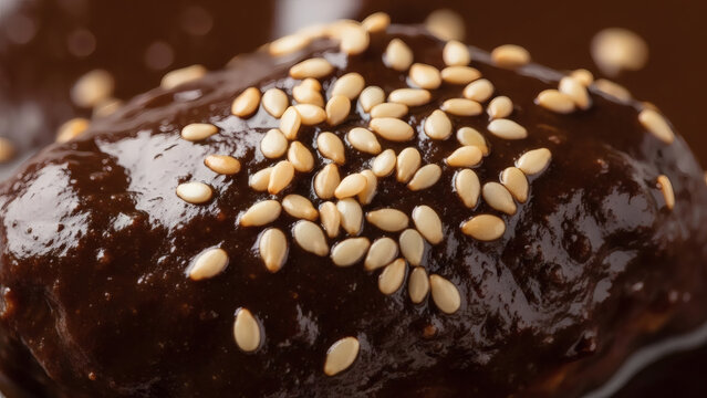 mole negro sauce texture with toasted sesame seeds, extreme macro shot, authentic Mexican food