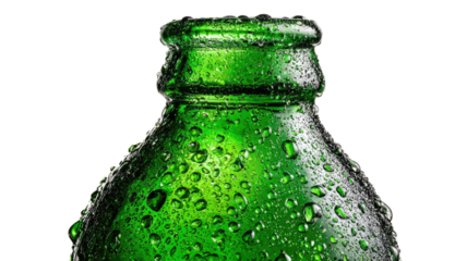 A cold green glass bottle of beer neck covered with water drops and ice are isolated on white for a refreshing party beverage