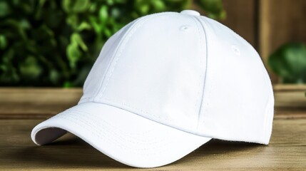 A simple white cap resting on a wooden surface, surrounded by greenery, This image can be used for fashion, promotional items, or outdoor activities to showcase casual attire and accessories,