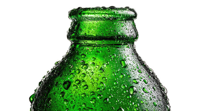 A cold green glass bottle of beer neck covered with water drops and ice are isolated on white for a refreshing party beverage