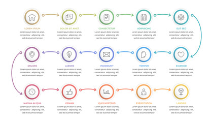 Business workflow, timeline or process infographic template with 15 steps connected by arrows