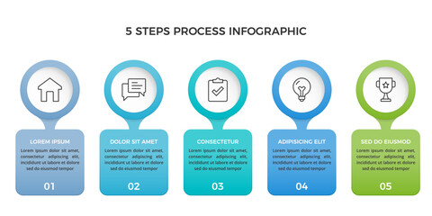 Modern infographic template with 5 circular badges containing icons and text boxes