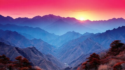Stunning mountain landscape at sunrise, featuring layered peaks under a vibrant sky, perfect for travel or nature-related themes in marketing materials, blogs, or wall art,