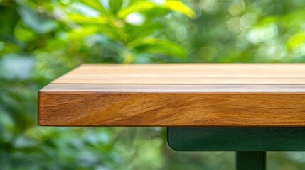 A wooden table with a green base and a natural wood grain texture.