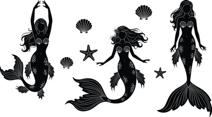 Mermaid, silhouette, fantasy, ocean, sea, black, illustration, mythical, underwater, tails, fins, starfish, seashells, graphic, , aquatic, female, mythology, vector, design, magical, decorative © Creative Mind