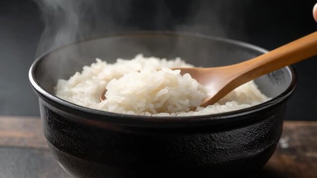 湯気の立つ白いご飯を木のしゃもじですくう家庭的な食事の瞬間
