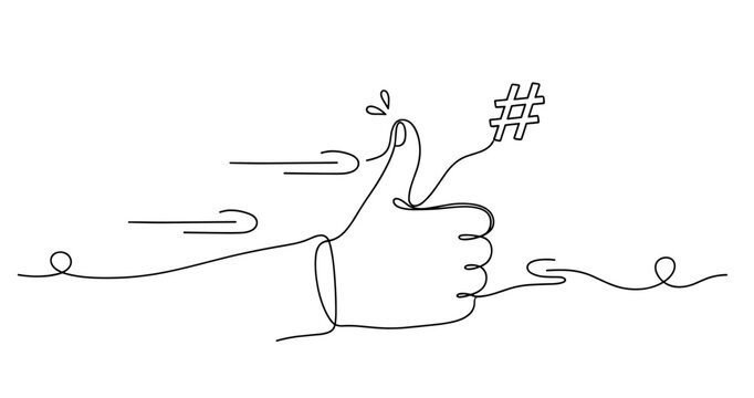 Continuous line drawing of a thumbs up hand and hashtag symbol, no editable stroke