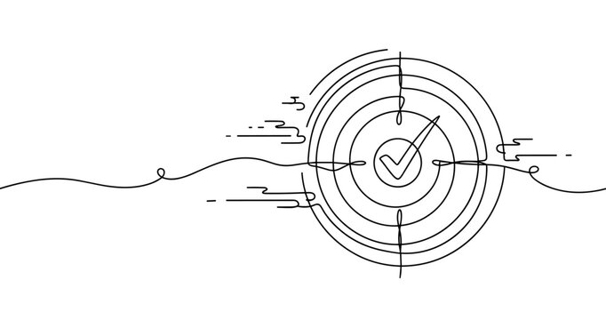 Continuous line art of target with check mark symbolizing success and achievement, no editable stroke