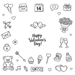 Valentine's Day themed vector illustration featuring various romantic symbols like hearts, love letters, and roses. Ideal for festive designs, greeting cards, and decorations.