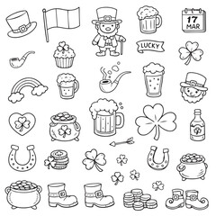 St. Patrick's Day themed vector illustration set featuring traditional Irish symbols like leprechaun, shamrock, pot of gold, mugs of beer, and horseshoe