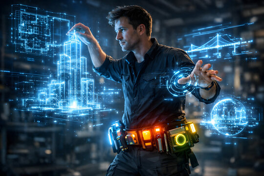 Holographic wizardry transforming blueprints into 3D structures with a futuristic touch