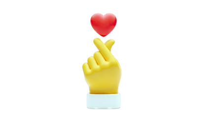 3D Yellow Hand Making Heart Finger Gesture with Red Heart Icon