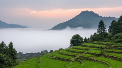 Serene landscape featuring terraced rice fields surrounded by misty mountains at dawn, Ideal for travel articles, nature blogs, or relaxation-themed content,