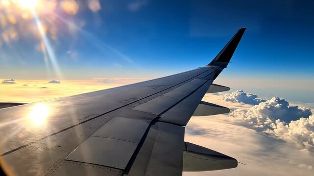 Airplane wing in flight with clouds and sun in the background during sunset or sunrise