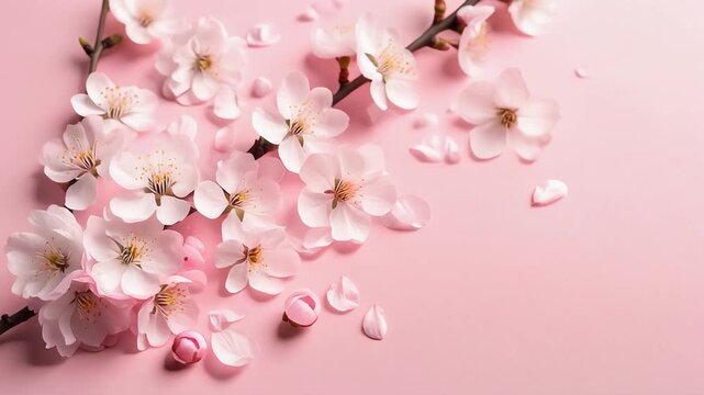枝付きの桜と花びらがピンク背景に配置され春の訪れを象徴的に表す