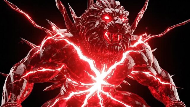 Terrifying mythical lion demon bursting with crimson energy and blazing heart.